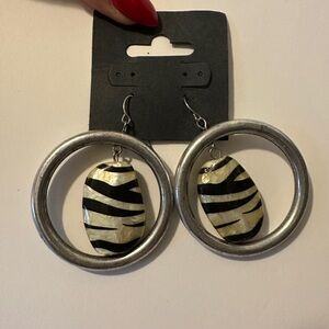 Silver Hoop With Zebra Stripped Charm Earrings